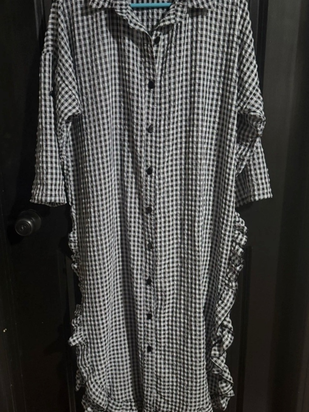 ZadieBs Size Medium. Black White Check.Roll Tab Sleeve Shirt Dress Duster.Modest